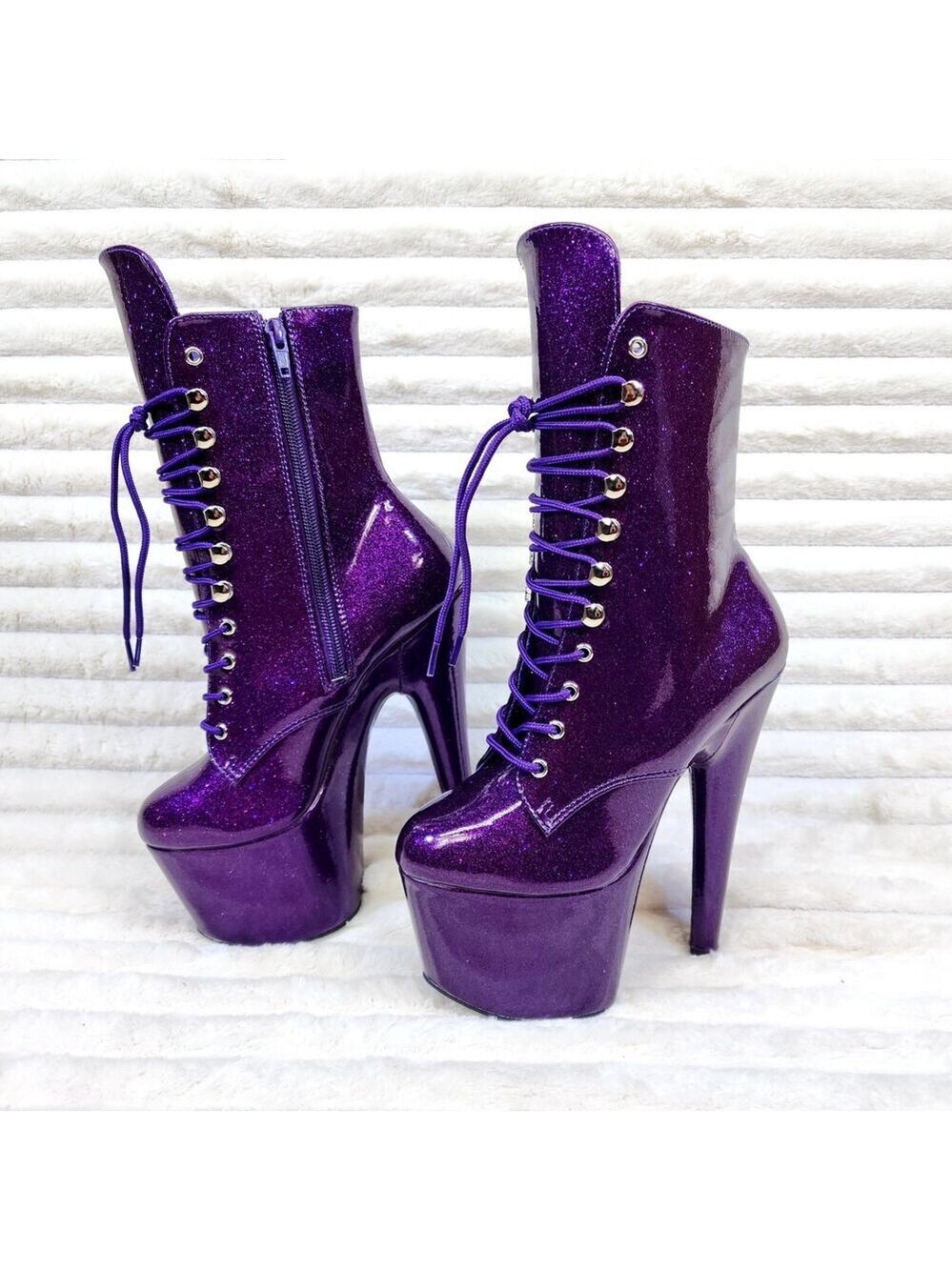 NIB Adore 1020GP Purple Glitter Patent 7" High Heel Platform Ankle Boots - Picture 9 of 12